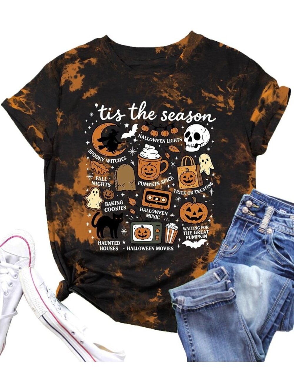 🆕 Womens Tis The Season Halloween Bleach Tie Dye Short Sleeve Casual Tee